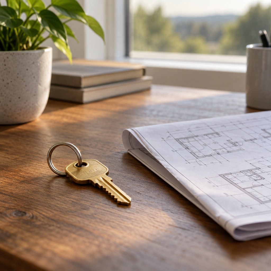 A house key on a ring resting beside a folded blueprint, representing Dean Corpening, REALTOR