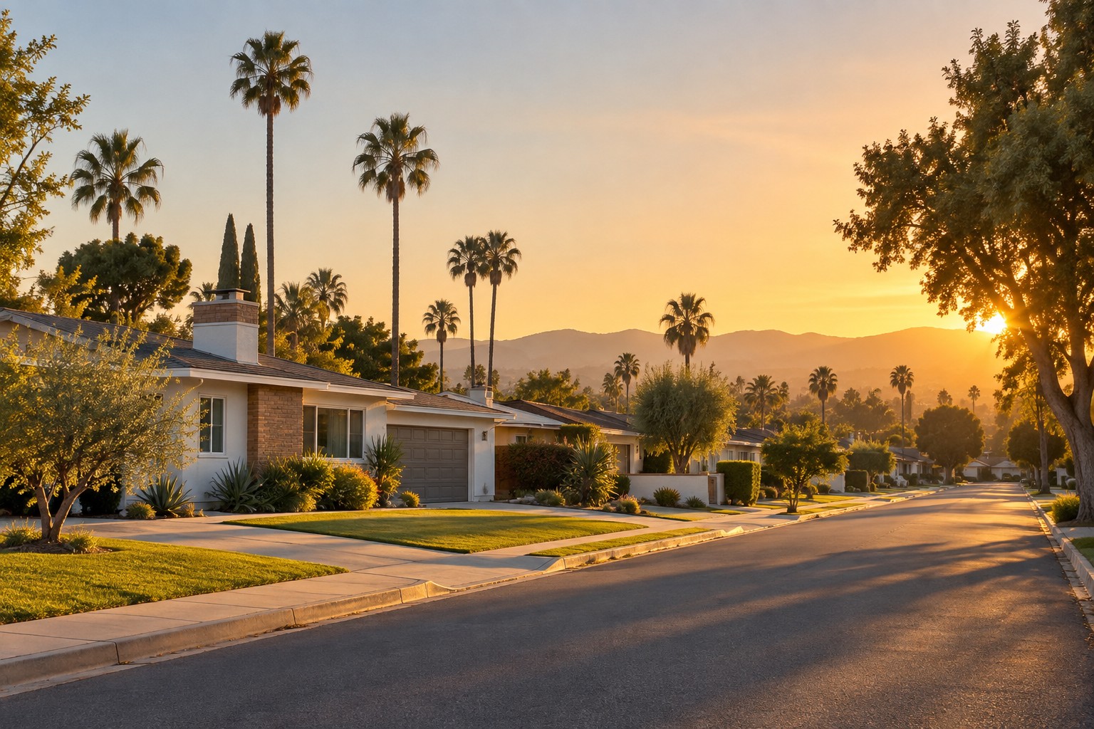 A San Fernando Valley neighborhood street at golden hour, illustrative