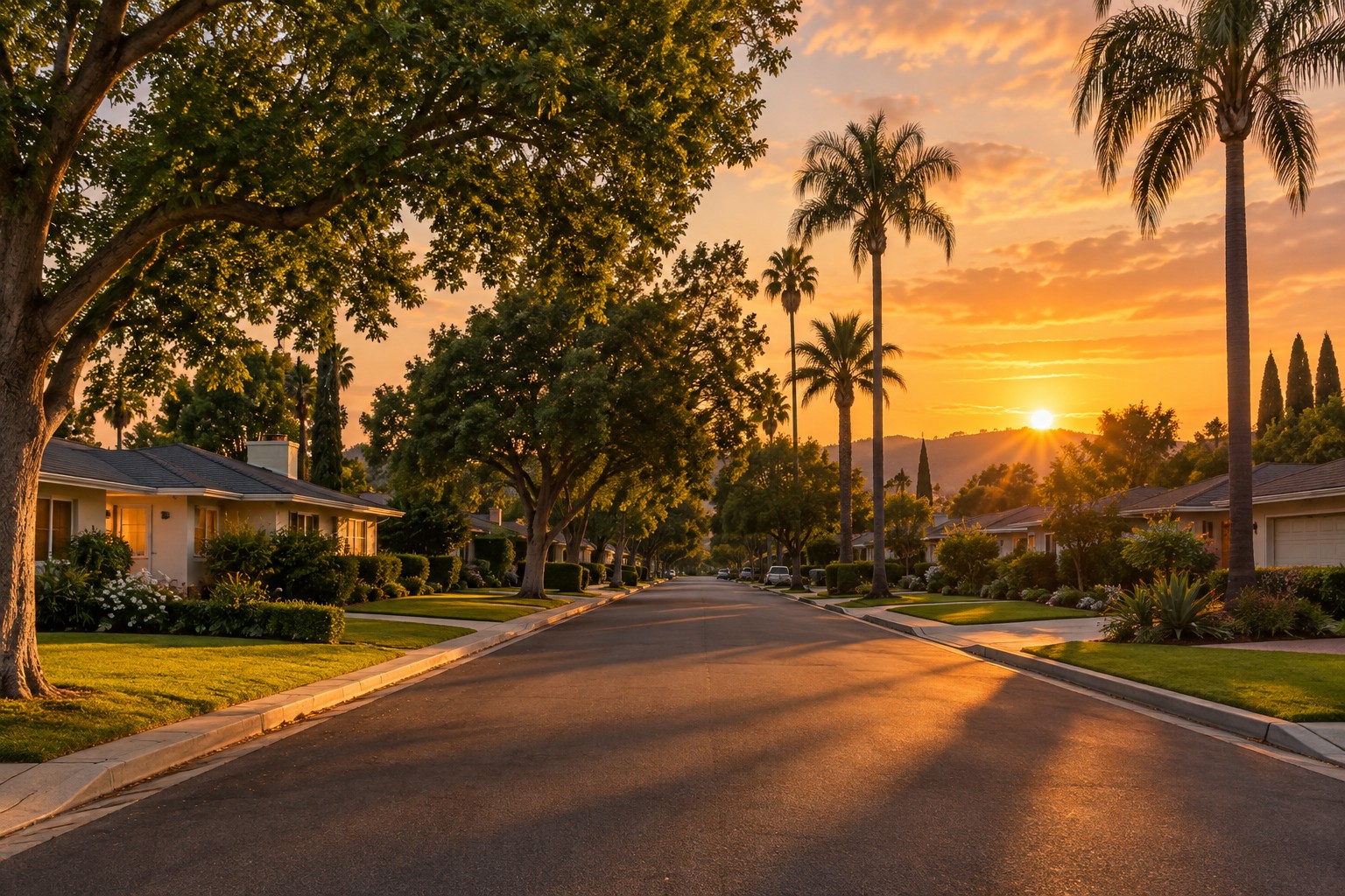 A tree lined San Fernando Valley street at sunset, illustrative