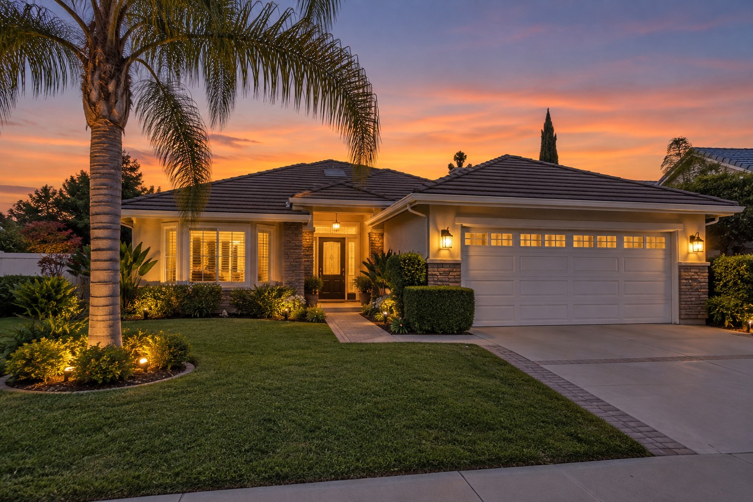 A San Fernando Valley single family home exterior at dusk, illustrative